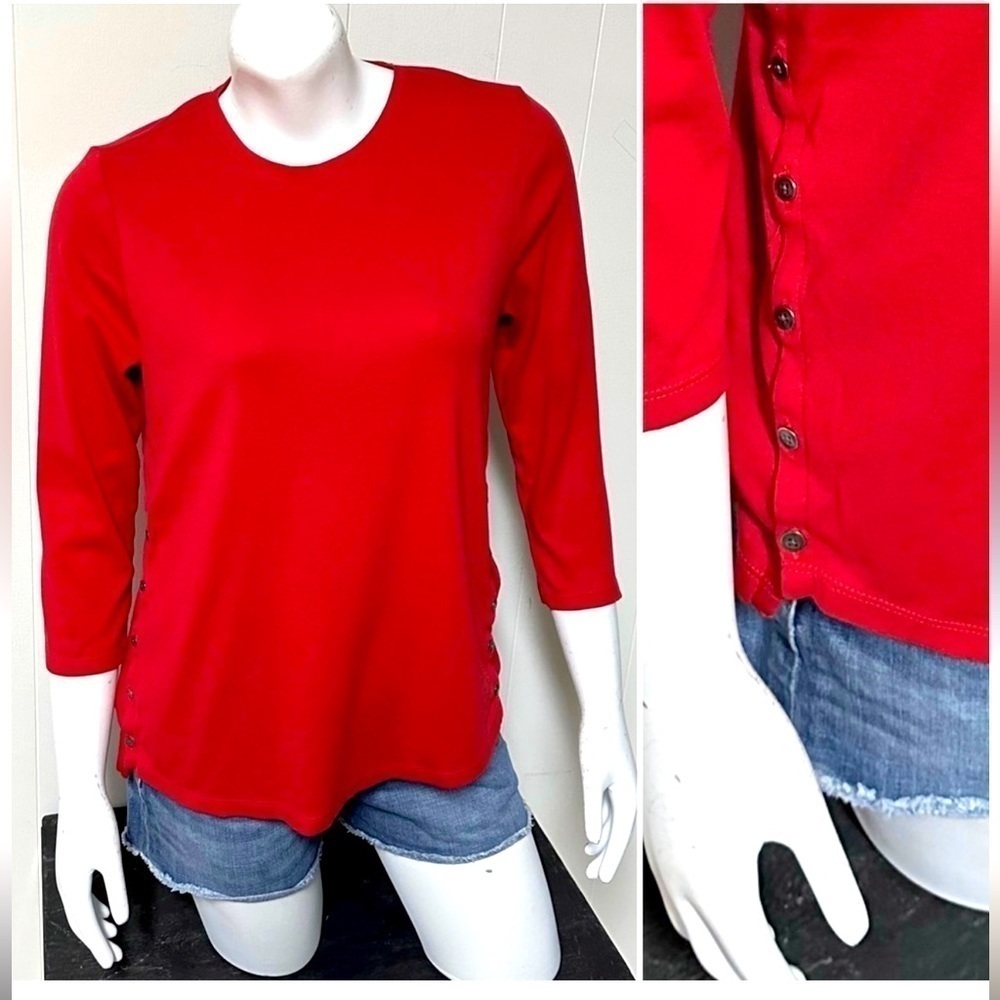 J. Jill Red Perfect Pima Side Button Tee Q